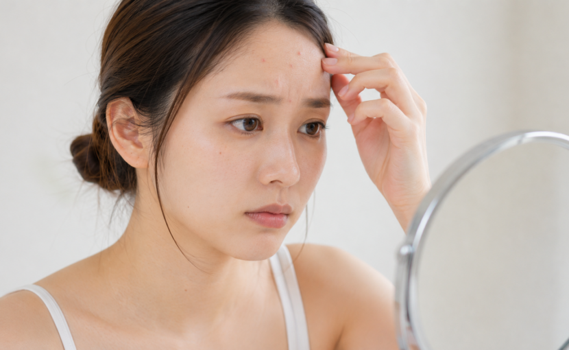 おでこのニキビを気にしている女性