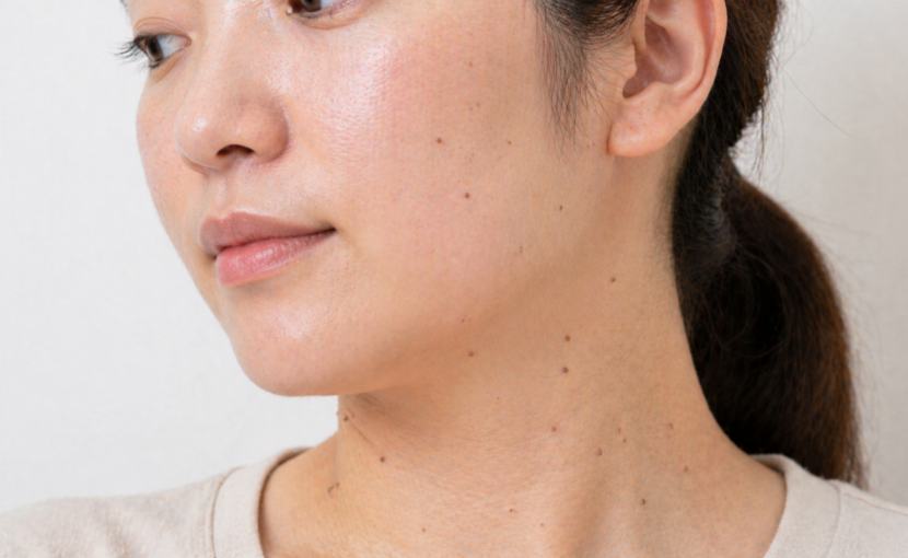 顔から首にかけてイボがある女性