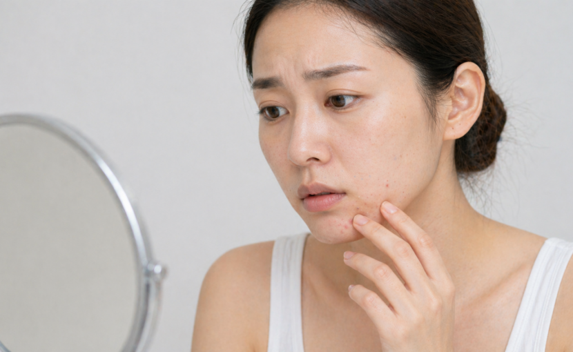 顎のニキビを気にして顔を触っている女性