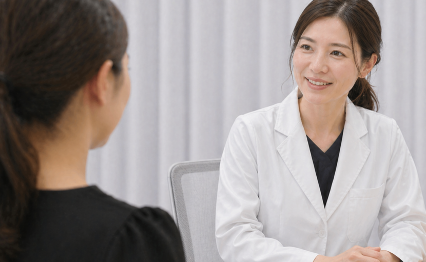 クリニックで診察を受ける患者と女性医師