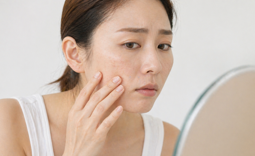 顔のシミを気にして頬を触っている女性
