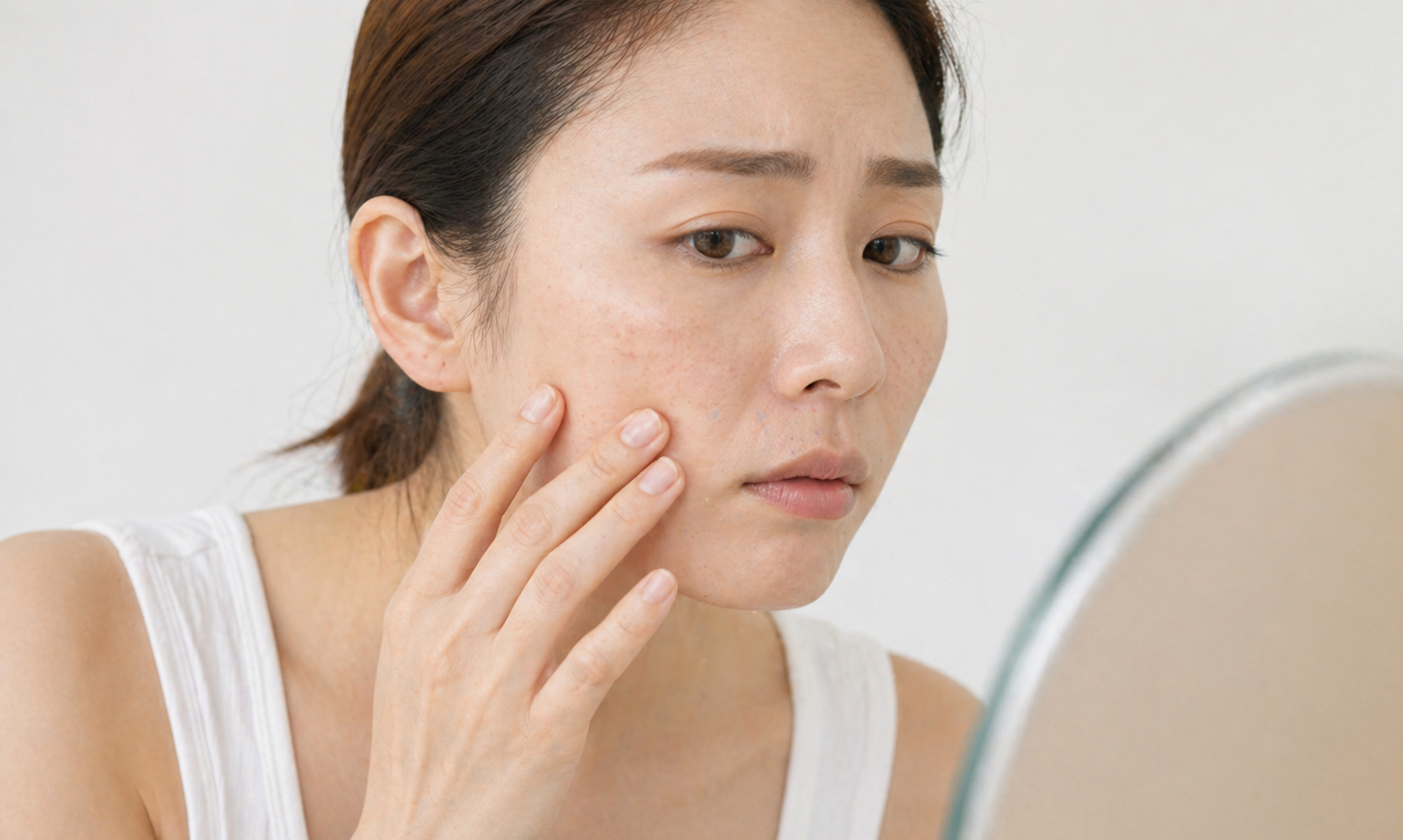 顔のシミを気にして頬を触っている女性