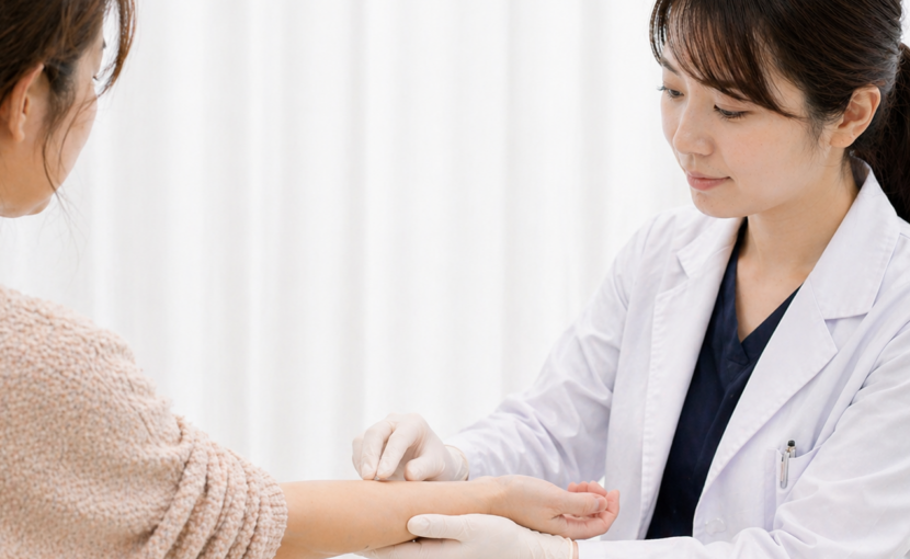 医師が患者の腕を触診している様子