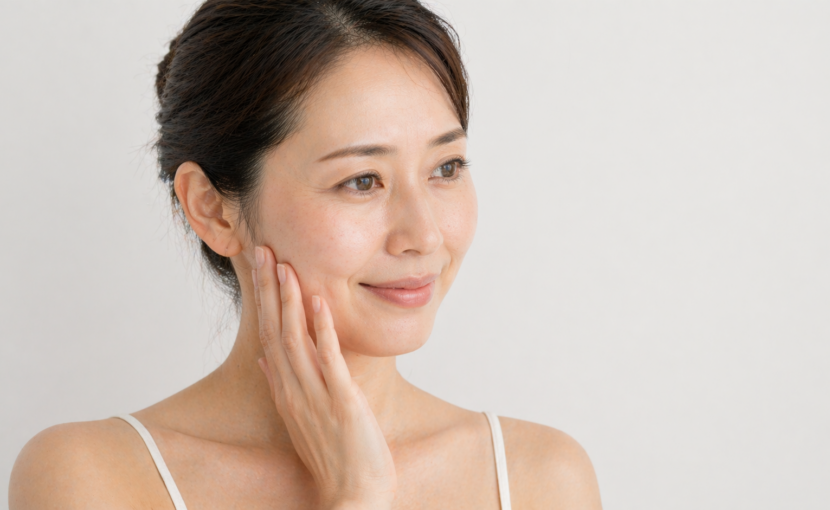 頬に手を当てて微笑む女性