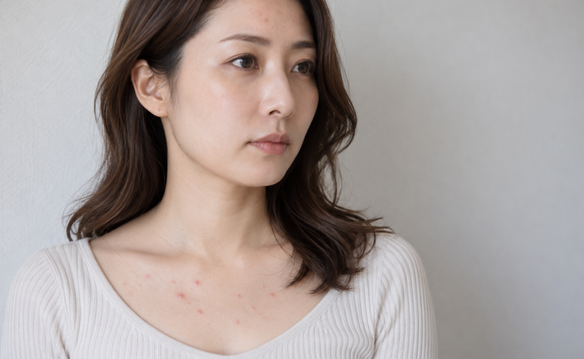 デコルテとおでこにニキビがある女性